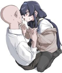 1boy 1girls blue_archive blue_eyes blue_hair blush faceless_male female french_kiss holding_hands interlocked_fingers kissing kneeling library_committee_(blue_archive) male pants pantyhose passionate rkgk saliva sitting skirt sweat tied_hair tongue tongue_out trinity_general_school_student ui_(blue_archive)