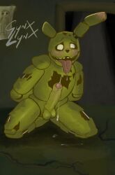 animatronic anthro balls blush bunny cum dick ejaculation erection five_nights_at_freddy's five_nights_at_freddy's_3 fnaf long_tongue looking_at_viewer male male_anthro male_only mouth nude penis rabbit robot rope_bondage ropes scar solo solo_male springtrap springtrap_(fnaf) veiny_penis