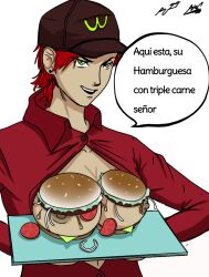 big_breasts boob_burger burger female_only green_eyes hamburger mcdonald's medium_breasts oc original_character r-99 red_hair sarah_muspellhein your_order_is_ready_(meme)