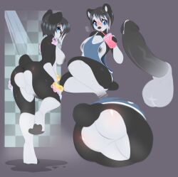 absurd_res anthro ass balls beverage big_breasts big_penis black_hair blue_eyes blush bodily_fluids bottomless breasts butt_heart clothed clothing dickgirl digital_media_(artwork) dripping erection feet fingerless_(marking) fur futa_sans_pussy futanari genital_fluids genitals giant_panda hair hi_res highlights_(coloring) humanoid_genitalia intersex looking_at_viewer looking_back mammal moosh-mallow multicolored_body multicolored_fur nipples nude pawpads penis precum precum_drip presenting shirt shower simple_background skimpy smoothie solo taint tank_top topwear two_tone_body two_tone_fur ulsi ursid white_body