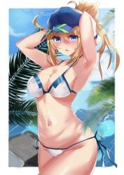 absurdres ahoge armpits arms_behind_head arms_up artoria_pendragon_(fate) bangs bare_shoulders baseball_cap beach bikini blonde_hair blue_eyes blue_headwear blue_sky blush breasts cleavage collarbone day fate/grand_order fate_(series) female hair_through_headwear hat highres large_breasts long_hair looking_at_viewer musicatopos mysterious_heroine_x_(fate) mysterious_heroine_xx_(fate) mysterious_heroine_xx_(foreigner) navel open_mouth ponytail revision sidelocks sky solo swimsuit thighs wet white_bikini