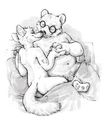 angus_delaney anthro ass bed bedding belly blanket bulge canid canine controller cuddling eyewear fox fox_tail furniture game_controller genitals glasses gregg_lee greyscale hand_holding kissing licking licking_lips male male/male mammal monochrome night_in_the_woods noses_touching penis penis_tip pubes round_glasses smile tattoo tongue tongue_out ursid video_games zterry