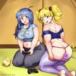 2girls ahoge ass ass_cleavage bare_shoulders barefoot blonde_hair blue_hair butt_crack character_request commission copyright_request crop_top dildo dildo_under_panties dimples_of_venus g-string game_controller keigi_(artist) kneeling multiple_girls navel off-shoulder_shirt pants pants_down pants_pull plump presenting_ass presenting_hindquarters t-shirt tent thick_thighs twin_drills yoga_pants