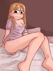 1girls ass bed blonde_hair bottomless clothed clothing female female_only human light-skinned_female light_skin nylonics partially_clothed shirt_only