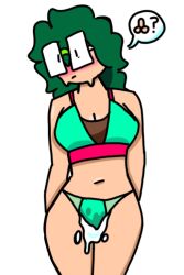 1girls bikini bikini_bottom bikini_top blushing blushing_at_viewer cum cum_on_bikini green_glasses green_hair nsfw oc original original_character sfw_version_available solo_female speech_bubble sweating teal_bikini