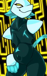 anthro ass belly blue_hair breasts ctrl-atl-replace7888 darkner deltarune disembodied_hand domestic_cat felid feline felis female fur glowing glowing_eyes hair hi_res humanoid machine mammal navel nipples nude pregnant pregnant_female robot robot_humanoid smile smirk solo tasque_manager_(deltarune) undertale_(series) video_games white_body white_fur wide_hips