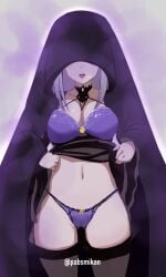 1girls artist_name bra breasts cloak clothing dress elf elf_female female flashing hidden_eyes highres large_breasts legwear lifted_by_self long_hair matching_underwear navel open_mouth pabsmikan panties purple_bra purple_eyes purple_panties pussy_outline re:zero_kara_hajimeru_isekai_seikatsu satella_(re:zero) silver_hair solo solo_female solo_focus thighs underwear witch