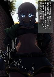 chris_(konosuba) gloves glowing_eyes grey_hair japanese_text jean_shorts kono_subarashii_sekai_ni_shukufuku_wo! kyosuke_fujiwara midriff purple_eyes scar scarf shirt shorts slq translated