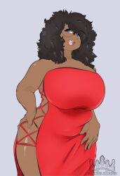 big_breasts blue_eyes breasts cumu dark-skinned_female dark_hair female female_only glasses huge_breasts humanized princess_samoyed princesssamoyed red_dress slightly_chubby