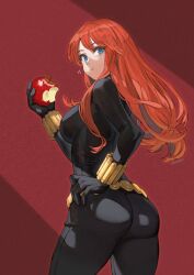 apple ass black_widow_(marvel) blue_eyes looking_at_viewer looking_back marvel marvel_comics natasha_romanoff navigavi red_hair