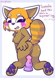 4_fingers absurd_res aggressive_retsuko ailurid anthro anus blush breasts dialogue dildo embarrassed english_text female female/female female_only fingers genitals hi_res honeyripple mammal naked nude pussy red_panda retsuko sanrio sex_toy shy simple_background smooth_fur solo solo_female text