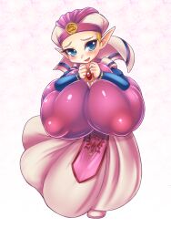 1girls blonde_hair blue_eyes blush breast_expansion dress gigantic_breasts headdress headgear huge_breasts hylian kyosuke_fujiwara nipple_bulge ocarina_of_time princess_zelda shortstack small_but_busty the_legend_of_zelda top_heavy triforce young_zelda