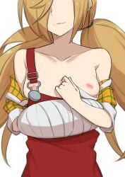 1girls areolae bandage bare_shoulders binbougami_ga! blonde_hair breasts breasts_out female hair_over_one_eye hair_ribbon long_hair momiji_(binbougami_ga!) morisobo nervous nipples small_breasts solo standing sweat twintails upper_body white_background