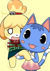 :3 animal_crossing anthro blue_body blue_fur bondage bound canid canine canis clothed clothing collar domestic_cat domestic_dog dominant dominant_female dress duo emonga felid feline felis female female/female fur hi_res isabelle_(animal_crossing) laugh looking_at_viewer mammal nintendo pac-man_eyes panties rosie_(animal_crossing) shih_tzu smile tickling tickling_pussy toy_dog underwear video_games white_panties yellow_body yellow_fur yuri