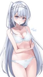 1girls :o absurdres bare_shoulders blush bra breasts cleavage collarbone cowboy_shot eyebrows_visible_through_hair female fuyutsuki_(kantai_collection) grey_eyes haggy highres kantai_collection light-skinned_female light_skin long_hair medium_breasts one_side_up panties silver_hair simple_background solo twitter_username underwear underwear_only very_long_hair white_background white_bra white_panties