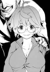 1boy 1girls breasts buttons cleavage clothed embarrassed female female_focus glasses grabbing grabbing_from_behind hand_on_shoulder heavy_object height_difference larger_male looking_at_viewer loose_clothes mariage_nightcap nervous nervous_smile netorare official_art pov_eye_contact rimless_eyewear shaded_face short_hair size_difference smiling straight sweat