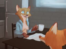 2020 4:3 ambiguous_gender anthro breasts canid canine chair clothed clothing detailed_background dipstick_ears disney duo female fox fridge fur furniture holding_cup holding_object inside kitchen light lighting male mammal medium_breasts mrs._wilde multicolored_ears nick_wilde nipples open_clothing open_mouth open_shirt open_smile open_topwear orange_body orange_fur red_fox shirt sitting smile table tggeko topwear window zootopia