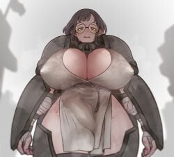 1futa armor balls big_penis breasts brown_hair bulge clothed clothing elf erection fully_clothed futa_only futanari glasses huge_breasts humanoid humanoid_penis light-skinned_futanari light_skin looking_at_viewer low-angle_view mistimagi mistimagi_(character) penis precum solo standing thick_thighs