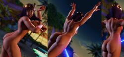 3d abs beach big_ass bridges capcom catgirl chocolate dancing egyptian green_eyes large_ass menat nakikawa nude petite posing purple_hair short_hair small_breasts smaller_female street_fighter street_fighter_v thick_thighs tiara