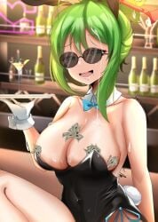 1girls bare_shoulders bow bowtie bowtie_collar breasts bunny_girl bunnysuit cleavage collarbone cum cum_on_body cum_on_breasts cum_on_face cum_on_hair cum_on_upper_body cup drinking_glass eyebrows_visible_through_hair female female_focus female_only glasses gloves green_eyes green_hair hair_between_eyes hair_ornament highres holding large_breasts looking_at_viewer money object_between_breasts open_mouth original original_character rabbit_ears rabbit_tail saliva scrapy smile sole strapless sunglasses tied_hair tinted_eyewear waitress white_gloves