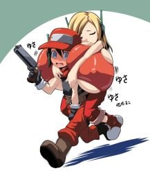 1boy 1girls blush bursting_breasts carrying cave_story cleavage curly_brace female firearm footwear gigantic_breasts gun handgun head_between_breasts headwear huge_breasts kloah male nipple_bulge nipples pale_skin piggyback quote_(cave_story) robot robot_girl sleeping underboob weapon