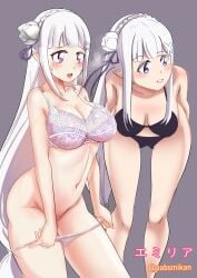 1girls artist_name blush bra breasts clone elf elf_female emilia_(re:zero) flower_in_hair grey_background highres huge_breasts lingerie long_hair navel pabsmikan panties pointy_ears purple_eyes purple_ribbon re:zero_kara_hajimeru_isekai_seikatsu silver_hair solo solo_female teenage_girl teenager underwear