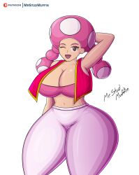 1girls alternate_breast_size bare_shoulders big_breasts big_thighs bra breasts brown_eyes cleavage clothed female female_only hand_behind_head huge_breasts huge_thighs humanoid large_breasts large_thighs light-skinned_female light_skin looking_at_viewer mario_(series) midriff mrstudmuffin mushroom nintendo one_eye_closed open_mouth pants pink_bra pink_eyebrows solo solo_female taller_girl thick thick_hips thick_thighs toadette twintails vest white_background white_pants wide_hips wink winking_at_viewer