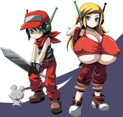 1boy 1girls bursting_breasts cave_story cleavage curly_brace gigantic_breasts huge_breasts kloah nipple_bulge nipples quote_(cave_story) robot robot_girl smile sword top_heavy underboob