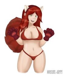 1girls animal_tail artist_request big_breasts legs lig_skin pussy red_hair red_panda red_panda_ears red_panda_tail turning_red white_background yellow_eyes