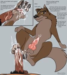 art balto balto_(film) brown_paws canine cock cum cumming dialogue dick feet feral footjob human hybrid knot looking_at_viewer pawjob pawpads paws penis precum smile toes wolf yaoi yellow_eyes zoophilia