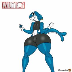 belly belly_button big_ass big_butt blue_skin bulge crop_top crossdressing crossover curvy digital_media_(artwork) earrings femboy fin fist piercing posing ripped_clothing shark shark_tail shark_teeth shiny_skin shorts thiccgumbear thick_thighs