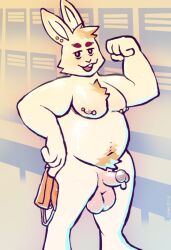 1boy anthro balls bodily_fluids body_hair clothing ear_piercing flexing flexing_bicep genital_fluids genitals hi_res holding_clothing holding_object jockstrap lagomorph lenny_(artist) leporid locker_room looking_at_viewer male male_only mammal nipple_piercing nipples penis piercing precum rabbit small_penis solo underwear