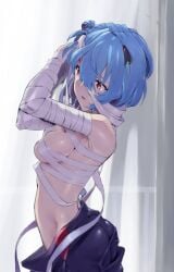 1girls bandages bare_arms bare_back bare_shoulders blue_hair clothing female female_only medium_breasts neon_genesis_evangelion plugsuit rebuild_of_evangelion red_eyes rei_ayanami sideboob solo white_background yagisawa_teru