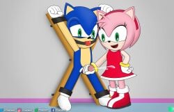 absurd_res amy_rose anthro blue_body bodily_fluids bondage bound clothed clothing cum duo female genital_fluids genitals green_eyes hi_res male male/female open_mouth penis sega sonic_(series) sonic_the_hedgehog sonic_the_hedgehog_(series) wall_(structure) xtianz