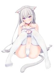 1girls cat_ears cat_keyhole_bra cat_keyhole_lingerie cat_lingerie cat_tail cute emilia_(re:zero) female looking_at_viewer re:zero_kara_hajimeru_isekai_seikatsu thigh_highs