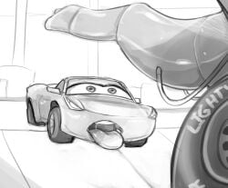 biomechanical blush bodily_fluids car cars_(film) cars_3 cruz_ramirez disney duo erection female genitals hi_res lightning_mcqueen living_machine looking_at_genitalia looking_at_penis machine male male/female mechanical_penis monochrome open_mouth penis pixar saliva tire vehicle wugi