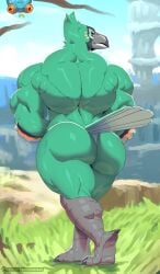 1boy abs anthro ass avian big_ass big_muscles big_pecs bird crossed_legs green_feathers green_skin looking_at_viewer looking_back male male_only muscular nipples nude original_character pantheradraws solo solo_male sxfpantera tail thick_thighs