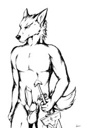 absurd_res animal_genitalia anthro arcwolfdragon athletic athletic_male balls blaidd_(elden_ring) canid canine canis elden_ring erection fromsoftware fur genitals grin hi_res holding_object holding_sword holding_weapon knot looking_at_viewer male male_focus male_only male_solo mammal melee_weapon monochrome muscular muscular_anthro muscular_male nude pecs penis presenting sheath smile solo_male sword weapon wolf