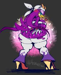 absurd_res anthro ass ass_cleavage ass_dough avian big_butt bird bottomwear breasts bubble_butt butt_crack clothing deep_skin feathers female hi_res holding_butt huge_butt looking_at_viewer looking_back looking_back_at_viewer no_panties pants pants_down purple_body purple_feathers ripped_clothing sega solo sonic_(series) sonic_riders sonic_the_hedgehog_(series) wardrobe_malfunction wave_the_swallow wolflance