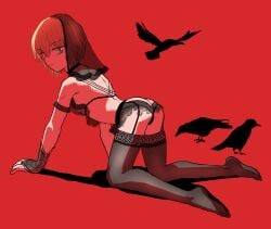 ambiguous_gender black_choker black_lingerie blonde_hair choker femboy fingerless_gloves garter_belt garter_straps hunter_x_hunter kurapika lace lace-trimmed_bra lace-trimmed_panties lace-trimmed_thighhighs lace_panties lace_trim lingerie looking_back raven_(bird) red_background solo solo_focus veil