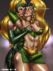 1futa 1girls amora_the_enchantress asgardian big_penis blonde_hair clothed clothing duo erection erection_under_clothes female fit fit_female fit_futanari fully_clothed futa_on_female futanari grabbing_from_behind green_eyes human human_only light-skinned_female light-skinned_futanari light_skin marvel miniskirt partially_clothed precum precum_through_clothing skulltitti standing suprised sylvie_lushton thor_(series) tiara transparent_clothing