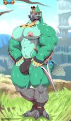 1boy anthro avian beak bird bird_feet boobs breath_of_the_wild bulge chuchu_(the_legend_of_zelda) grass grass_field green_skin male male_only man_boobs nipples pantheradraws public rito solo sxfpantera tagme the_legend_of_zelda the_legend_of_zelda:_breath_of_the_wild thick_thighs weapon wild wings