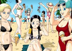 android_18 beach bikini black_bikini bra_(dragon_ball) bra_briefs bulma bulma_briefs bulma_briefs_(gt_saga) chichi chichi_(gt_saga) dragon_ball dragon_ball_gt eyewear_on_head marron ocean one_piece_swimsuit pan_(dragon_ball) side-tie_bikini sunglasses_on_head swimsuit videl volleyball