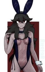 black_hair bow bowtie bowtie_collar bunny_costume bunny_ears bunny_girl bunnysuit cassidy_(rusta0) dark_hair frown hex_maniac leotard long_hair looking_at_viewer nintendo nipple_slip nipples_visible_through_clothing pokemon pokemon_xy red_eyes rusta0 see-through transparent_bunnysuit watermark wrist_cuff wrist_cuffs