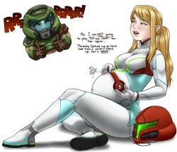 1boy 1boy1girl 1girls 2d armor bethesda_softworks big_breasts blonde_hair breasts celesseshading chibi crossover crossover_pairing crossover_shipping doom doom_slayer_(doom) english_text female good_end green_eyes headphones helmet id_software male metroid microsoft nintendo pregnancy pregnant samus_aran unexpectedly_good wholesome zero_suit