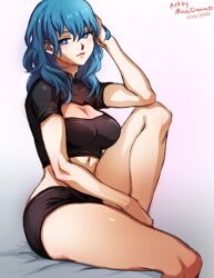 1girls artist_name bare_arms bare_legs blue_eyes blue_hair breasts byleth_(fire_emblem) byleth_(fire_emblem)_(female) cleavage cleavage_cutout clothing_cutout dated female female_only fire_emblem fire_emblem:_three_houses medium_breasts medium_hair minacream shirt shorts sitting solo teal_hair