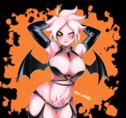 1girls aka_nobodyy bat_wings cleavage color costume dragon_ball dragon_ball_xenoverse female_focus female_majin female_only halloween_costume halloween_theme large_breasts majin_mark monster_girl nashi_(aka_nobodyy) original_character pink_skin tongue_out yellow_eyes