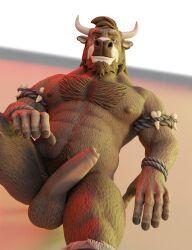 3d_(artwork) absurd_res bovid bovine buruthebull cattle chest_tuft digital_media_(artwork) erection facial_hair foreskin genitals hi_res lying male male/male mammal on_back penis smile smirk solo tuft