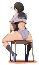 1girls alp annoyed annoyed_face ass back_view bare_thighs black_hair black_legwear black_socks chair horny japanese_text kneesocks looking_back medium_hair original serafuku simple_coloring sitting sitting_on_chair swimsuit text thick_thighs translation_request uwabaki white_background