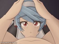 1girls all_the_way_to_the_base blowjob blue_hair deep_throat deepthroat deepthroat_holder eye_contact fellatio human_on_robot labrys magna_ferra no_gag_reflex oral oral_sex persona persona_4 persona_4_arena ponytail pov red_eyes robot robot_girl